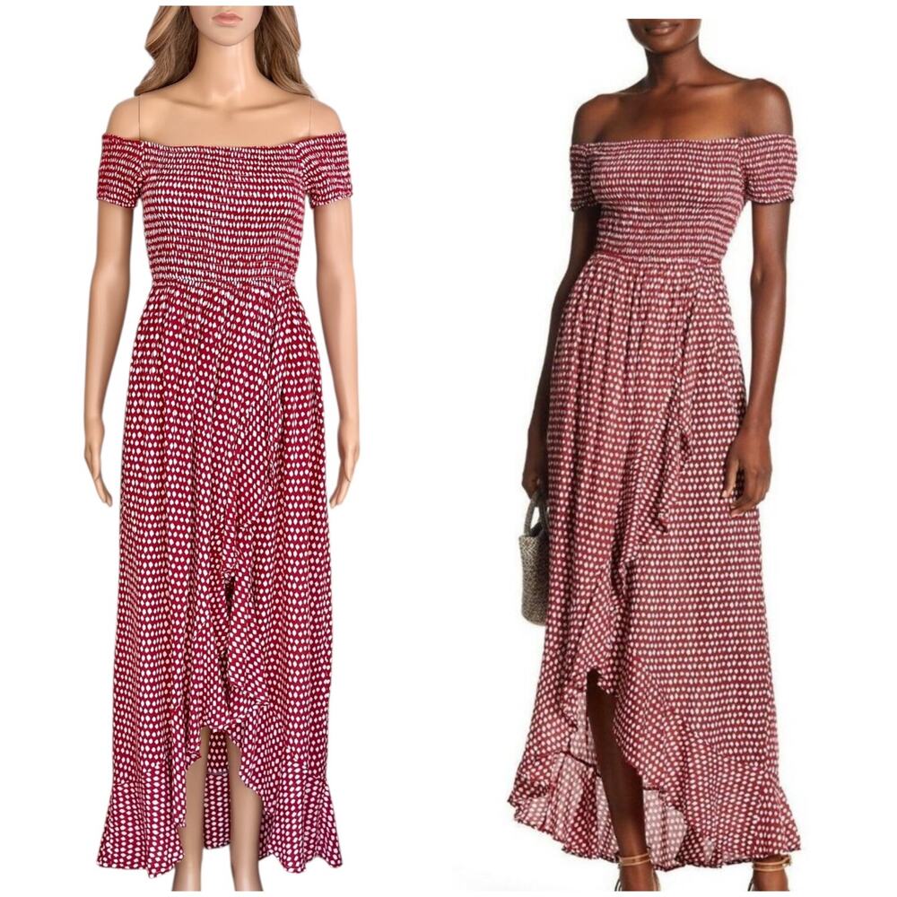 Tiare Hawaii Cheyenne Off The Shoulder Cover-up Maxi Dress cotton Red Dot OS - Picture 2 of 9